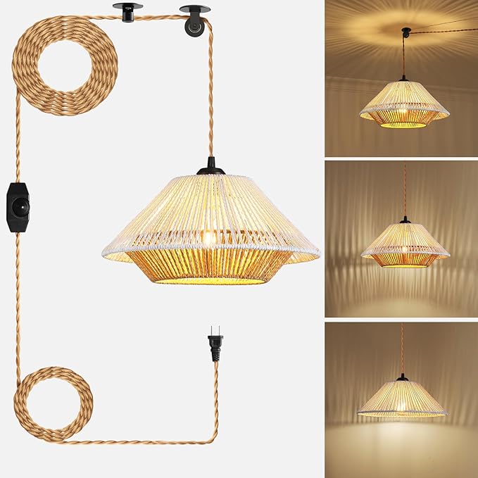 Boho Plug in Hanging Light - 12.7 Inch Rattan Plug in Pendant Light Dimmable Wicker Bamboo Woven Lampshade Hanging Lamp for Bedroom Living Room Farmhouse