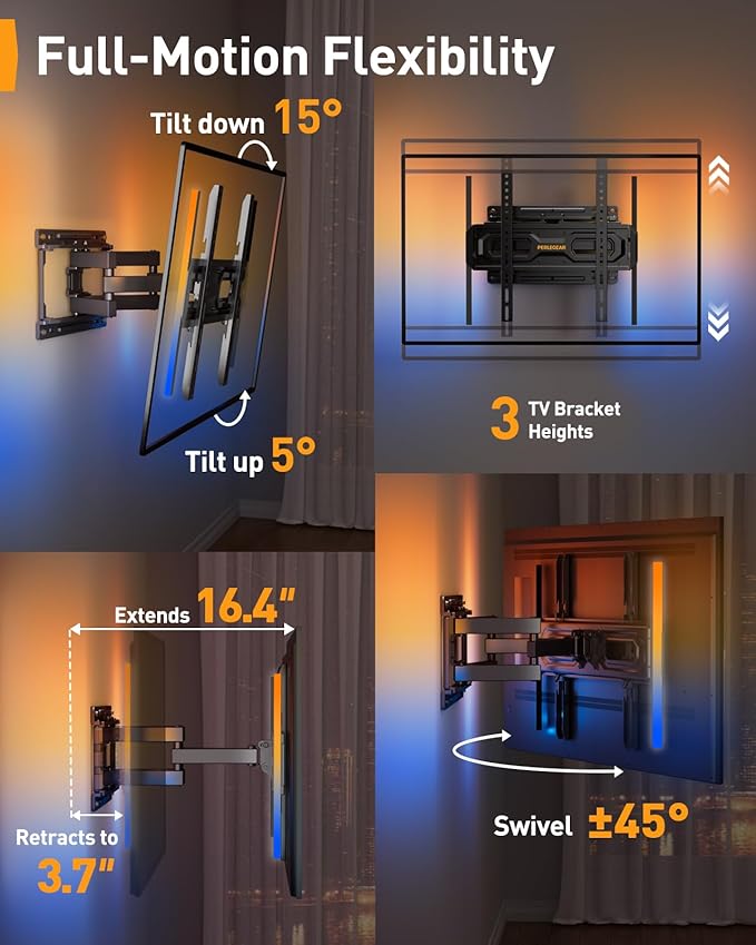 Perlegear AuraFrame™ Pre-Assembled TV Wall Mount with LED Lights for 26-65 inch TVs up to 99 lbs, Max VESA 400x400mm, Swivel, Extension, Tilt, TV Backlights with Music Sync, Fits 16”/12” Wood Studs