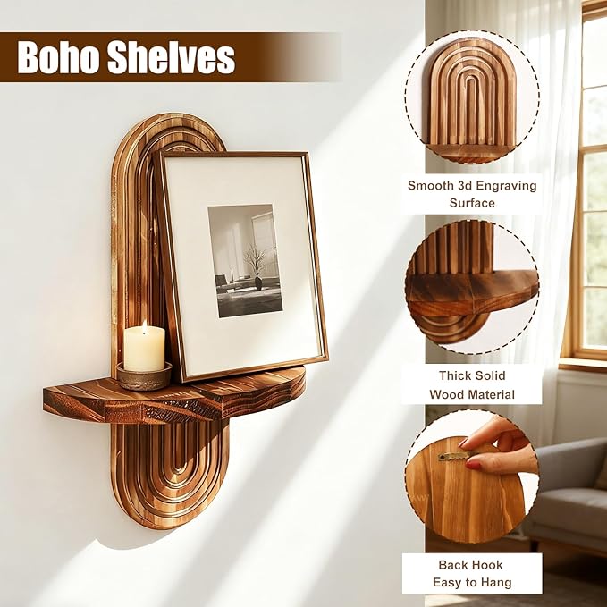2 Pack Boho Wall Hanging Shelf - Handmade Rainbow Arch Floating Shelves Trinket Storage Rack Vintage Wood Wall Decor for Bedroom Living Room Nursery Bathroom