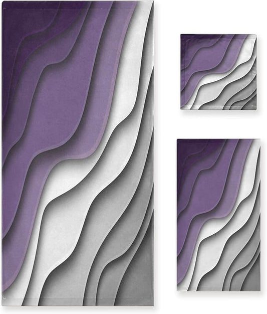 Purple Grey Stirped Bath Towels Set,Absorbent Soft 3 Piece Mid Century Beach Themed Abstract Towels for Bathroom,1 Bath Towel 1 Hand Towel 1 Washcloth,Quick Dry Decoractive Bathroom Towels