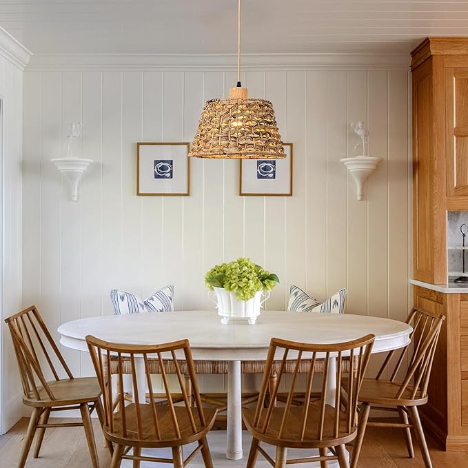 Rattan Boho Pendant Light, 12" 1-Light Hand-Woven Wicker Pendant Light with Water Hyacinth Shade, Natural Coastal Cone Hanging Light for Kitchen Island Sink Dining Room