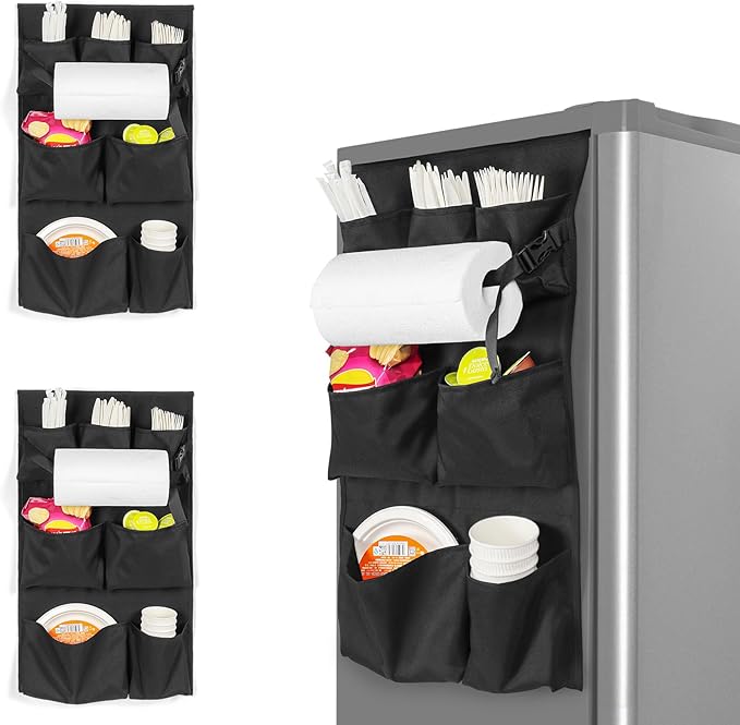 WOMACO Mini Fridge Organizer, Strong Adhesive Dorm Refrigerator Caddy, Heavy Duty College Dorm Fridge Storage Caddy – Apartment, Kitchen and Door Organization (Black, 2 pack)