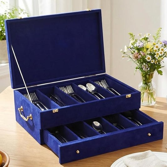 Pickmesh Silverware Case with Lid and Handle, Silverware Storage Box Sterling Silver Flatware Chest Without Silver Tarnish Proof Utensils Organizer for Kitchen Decor Wedding Gifts (Royal Blue,2 Layer)