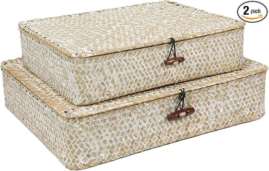 Set of 2 Flat Seagrass Storage Bins with Lid Wicker Storage Baskets for Organizing, Woven Shelf Organizer Bins Home Utility Organizer Box for Home & Office Supplies