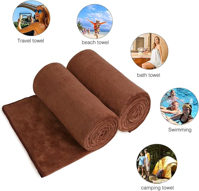 Large Bath Towels Set of 2, 30" x 60", Oversized, Soft, Absorbent, Fast Drying Microfiber Bathroom Towel for Sauna, Salon, Hotel, Sport, Fitness, Yoga, Brown