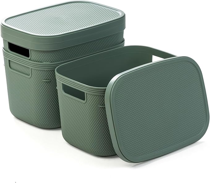 BINO | Plastic Storage Bins with Lids, 5.5 Liter - 3 Pack, Desert Green | THE TWILL COLLECTION | Plastic Bins for Organization | Woven Storage Baskets for Organizing Pantry Shelf Organizer Basket Bin
