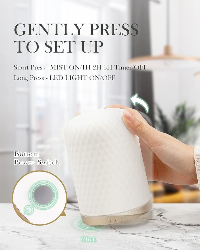 Essential Oil Diffuser - 2.4MHz Ultrasonic Ceramic Diffuser for Home, 110ml, 1/2/3H Mist Timer, Silent (≤25dB), Waterless Auto-Off, Aromatherapy Diffuser with USB Cable