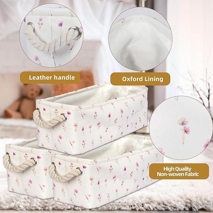 3PC Floral Narrow Storage Bins 15x6x5 inch Pink Flower Small Basket for Closet,Cabinet,Countertop Organizing Small Items Fabric Organizer with Handles, Toilet Paper Storage (Pink flower)
