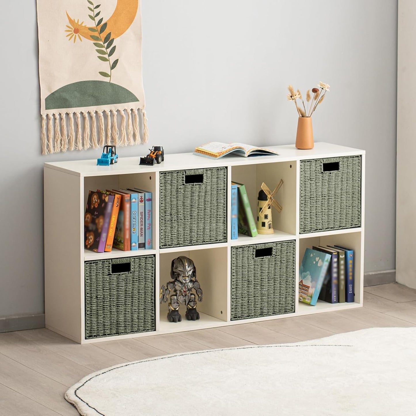Handwoven Paper Woven Cube Basket Organizer with Handles set of 4 Foldable Storage baskets for Bedroom Living Room Cubby Storage Units for Clothes Books Toys (Green, 13" L x 13" W x 13" H)