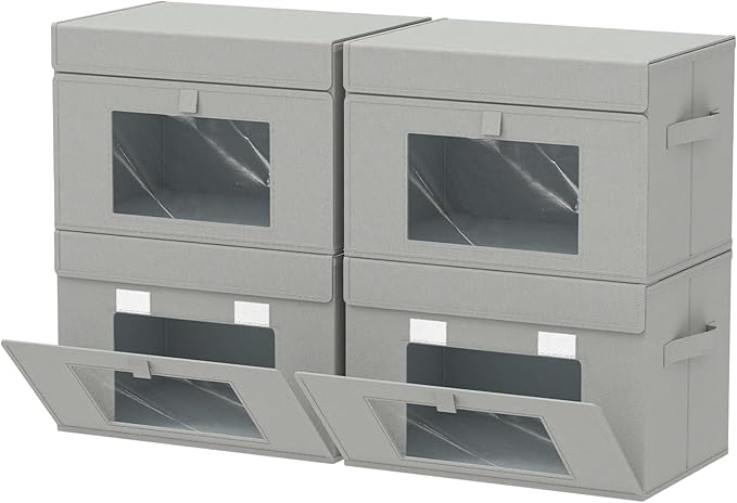 Transparent Window Storage Bin, Cube Organizer Basket with Flip-Top Lid and 2 Handles, Decorative Boxes with Cover, 4 Pack, Grey, 15 x 9.8 x 9.8 In, XSNY17GL-4