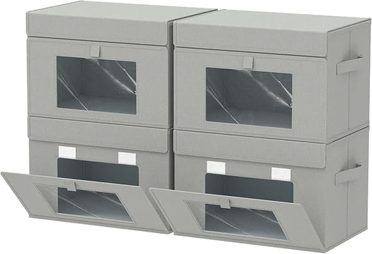 Transparent Window Storage Bin, Cube Organizer Basket with Flip-Top Lid and 2 Handles, Decorative Boxes with Cover, 4 Pack, Grey, 15 x 9.8 x 9.8 In, XSNY17GL-4