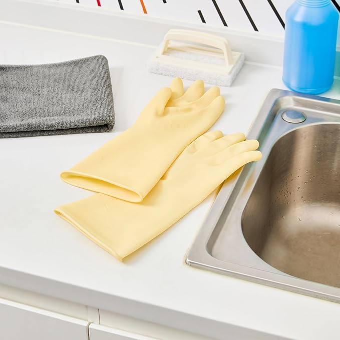 Clean Tek Professional 22 Mil Medium Cleaning Gloves, 10 Pairs Of Long Cuff Gloves - No-Slip Grip, No-Powder, Yellow Latex Gloves For Kitchen Cleaning, Ideal For Washing Dishes