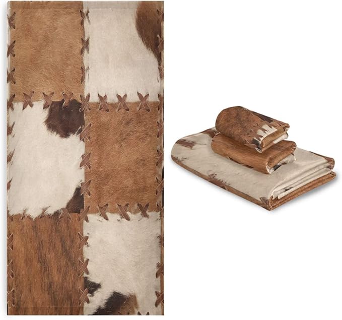 3 Piece Brown Cow Print Bath Towels Set,Microfiber Absorbent Farmhouse Cowhide Western Animal Skin Print Towels for Bathroom,1 Bath Towel,1 Hand Towel,1 Washcloth,Decorative Bathroom Towels