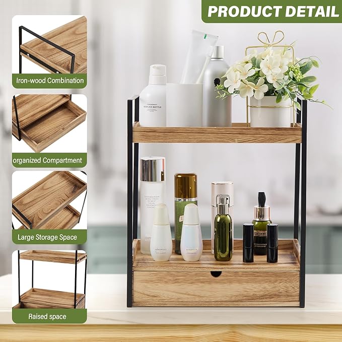 2-Tier Bathroom Organizer Countertop with Drawer, Wood Counter Shelf for Storage, Cosmetic Storage Vanity Tray for Bathroom Organization for, Kitchen, Office