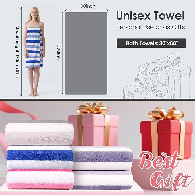 Bath Towels Set, Large Microfiber Bath Towel for Body, 2 Pack, 30" x 60", Oversized, Soft, Super Absorbent,Fast Drying, Perfect for Shower, Sauna, Gym, Sports, Fitness, Yoga, Cabana Stripe Blue