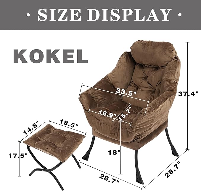 Kokel Lazy Chair with Folding Ottoman,Living Room Chairs, Accent Contemporary Lounge Chair, Single Steel Frame Leisure Sofa Chair with Armrests and A Side Pocket (Brown)