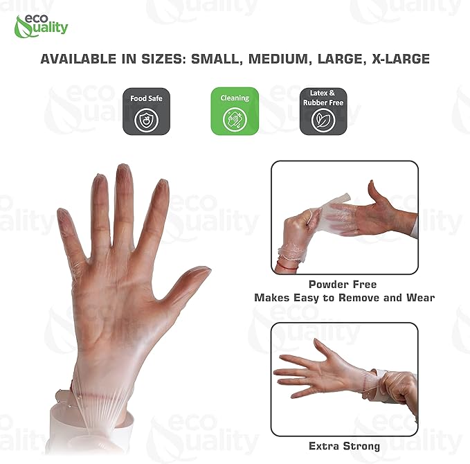 EcoQuality Disposable Vinyl Exam Gloves, Disposable Latex Free Medical Gloves, Non-Sterile, Food Safe, Powder Free, Cleaning, Cooking (300, Large)