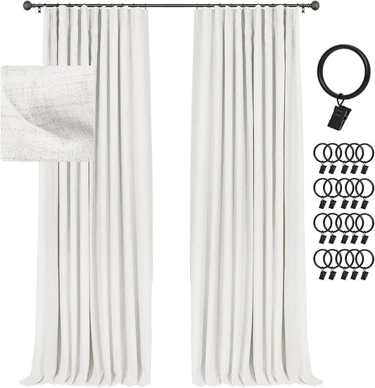 INOVADAY 100% Blackout Curtains for Bedroom, Black Out Curtains 84 Inch Long, Clip Rings Linen Blackout Drapes, Thermal Insulated Room Darkening for Living Room, 2 Panels - Snow White,W50xL84