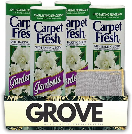4x Carpet Fresh Gardenia Scent Carpet Odor Eliminator 14 oz Powder Bundle with Microfiber Cleaning Cloth – Eliminates Pet Odors, Provides Long-Lasting Freshness – Gift Set (5 Items)