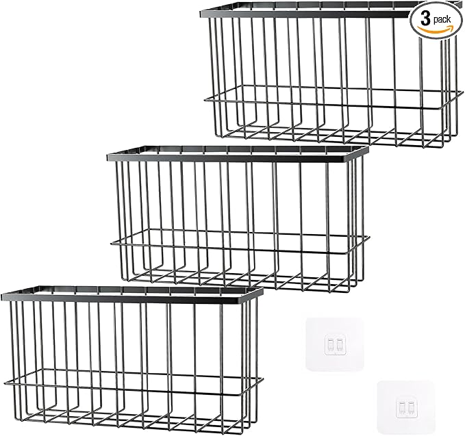 3 Pcs Adhesive Refrigerator Organizer Baskets Metal Shelf Rack and Adhesive Holder with 2 Types of Installation for Storage in Kitchen, Bathroom, Office, or Laundry (Black)