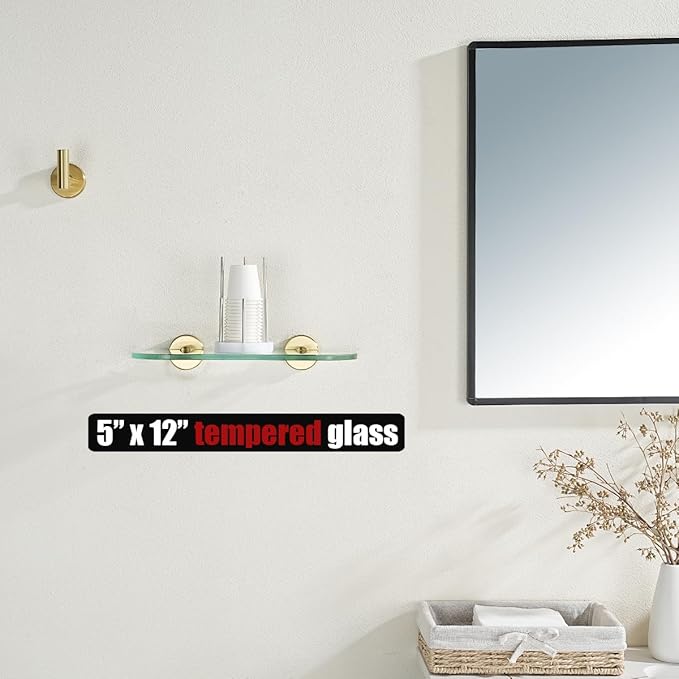 JQK Bathroom Glass Shelf Gold, Tempered Glass Shower Storage 12 by 5 inches, 304 Stainless Steel Brushed Gold Wall Mount, TGS121L12-BG