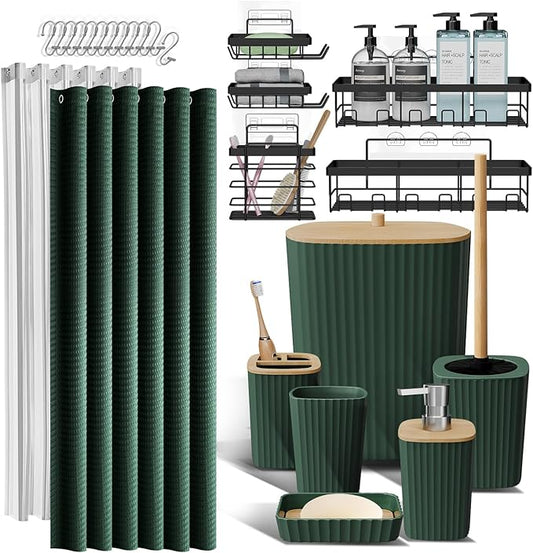 Clara Clark Bathroom Accessories Set - Bathroom Set with Adhesive Corner Shower Caddy Hanging, 25PC Bathroom Accessory Set, Hunter Green Shower Curtain Set, Toilet Brush, Trash Can & Soap Dispenser