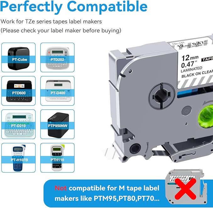4PK Tz Tape 12mm 0.47 Laminated Clear TZe-131 TZe131 Compatible for Brother Label Maker Tape 12mm 0.47 Clear TZ-131 1/2 inch x 26.2 ft, for P Touch PTD210 PTD200 PT-D220 PTH100 PTH110