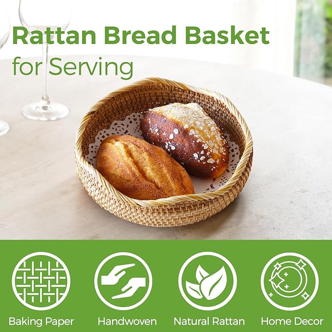 Wicker Bread Basket for Serving, Handwoven Rattan Bowl Wicker Basket for Gifts, Woven Basket for Organizing Bread, Decorative Bowl for Kitchen Dinging Room M