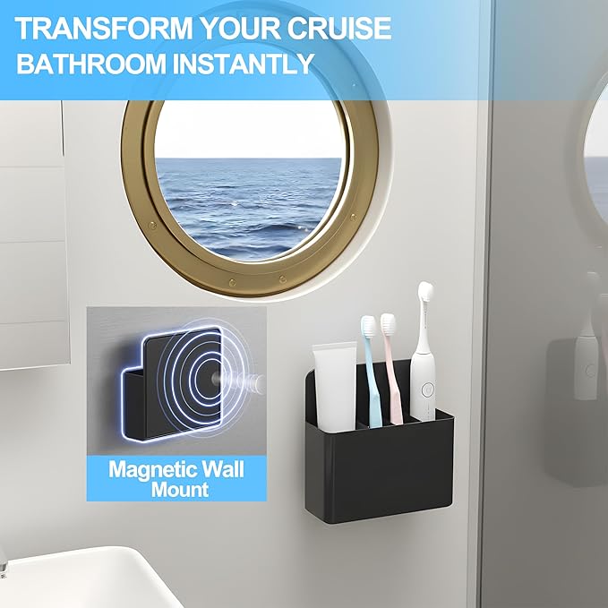 Magnetic Toothbrush Holder – Cruise Must-Have Wall-Mount Bathroom Organizer – Cruise Essentials 2025 & 2026 for Royal Caribbean, Alaska & Caribbean Staterooms (Black)