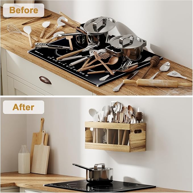 Acacia Rustic Wood Utensil Holder, Extra Large Cooking Holder with Drying Stone Base and 8 Compartments, Farmhouse Kitchen Countertop Organizer