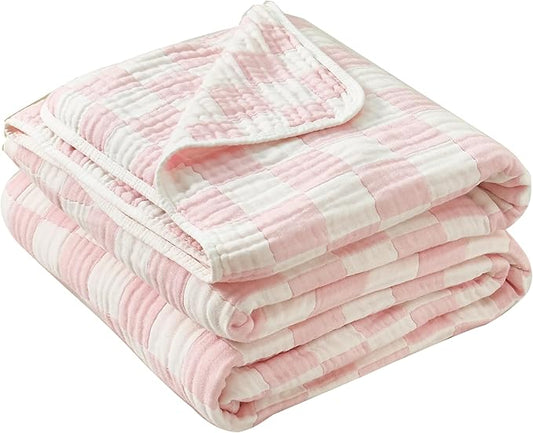 Ultra Soft Cozy 6-Layer Muslin 100% Cotton Checkered King Size 90"x104" Bed Blanket Breathable Lightweight Checkboard Bed Blankets Decorative for Sofa Bed All Seasons Both Sides Pink
