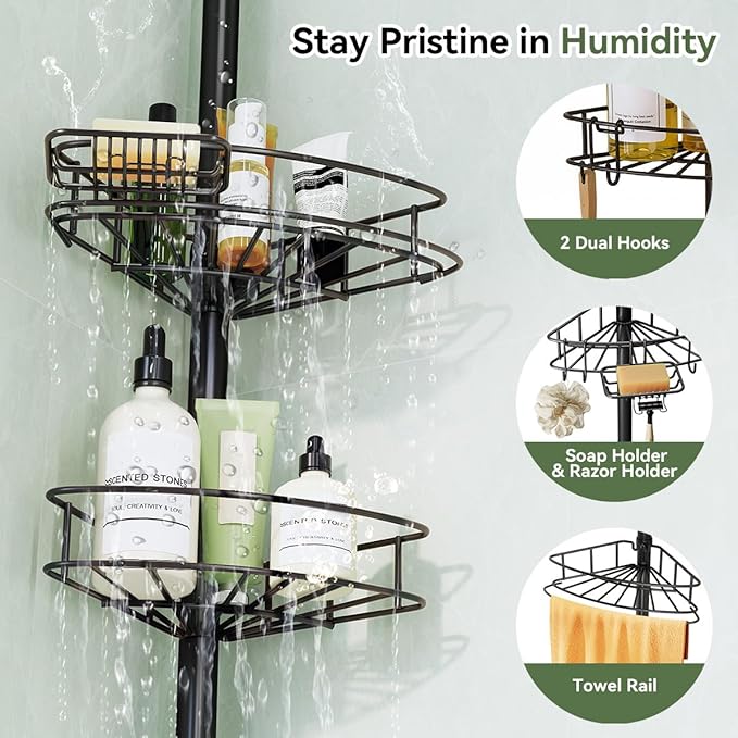 Corner Shower Caddy Tension Pole-4 Tier Adjustable Bathroom Shower Organizer with Soap Holder, Rustproof Shower Shelves Shower Rack for Inside Shower, Bathtub Shampoo Storage 29-118", Black