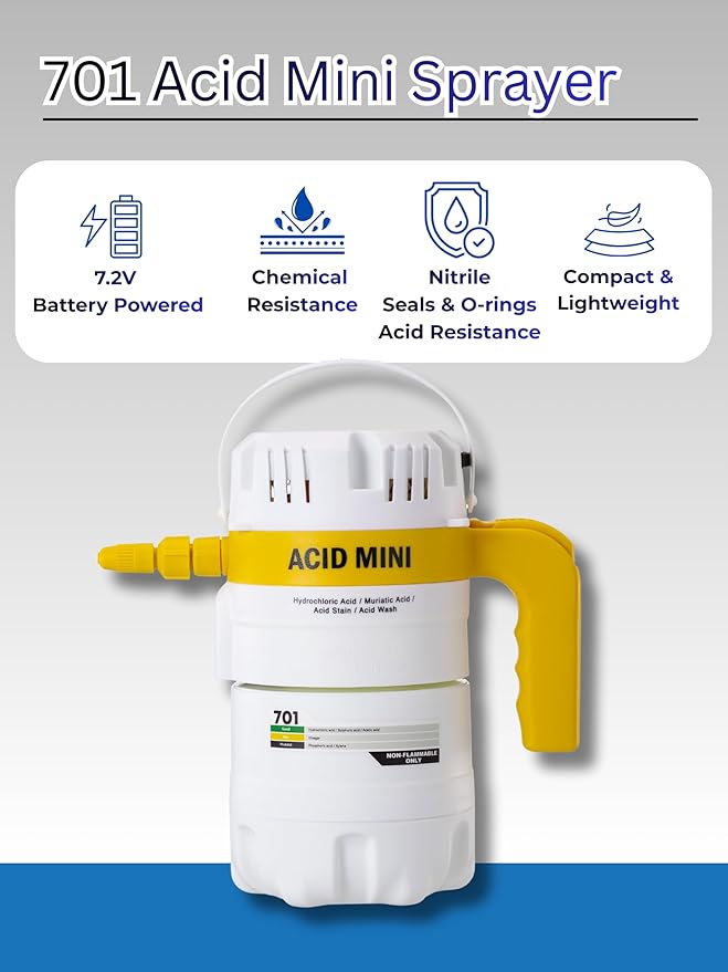 Sprayers Plus 701 Acid Mini Effortless Sprayer, Portable Lightwight 1.2L Battery Powered Chemical Resistant Sprayer,Nitrile Seals, Rechargeable via USB-C, for Acid Pool Washing