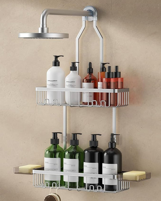 Shower Caddy Hanging, Shower Organizer Hanging, Aluminum Shower Racks for Inside Shower with Hooks for Razor, Never Rust Bathroom Organizers and Storage with Soap Holder, Bright Silver
