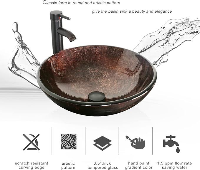 eclife 24" Modern Bathroom Vanity Sink Combo Freestanding Cabinet with Soft Closing Door, Brown Round Glass Vessel Sink, Water Save Faucet, Drain (Gray+A09)
