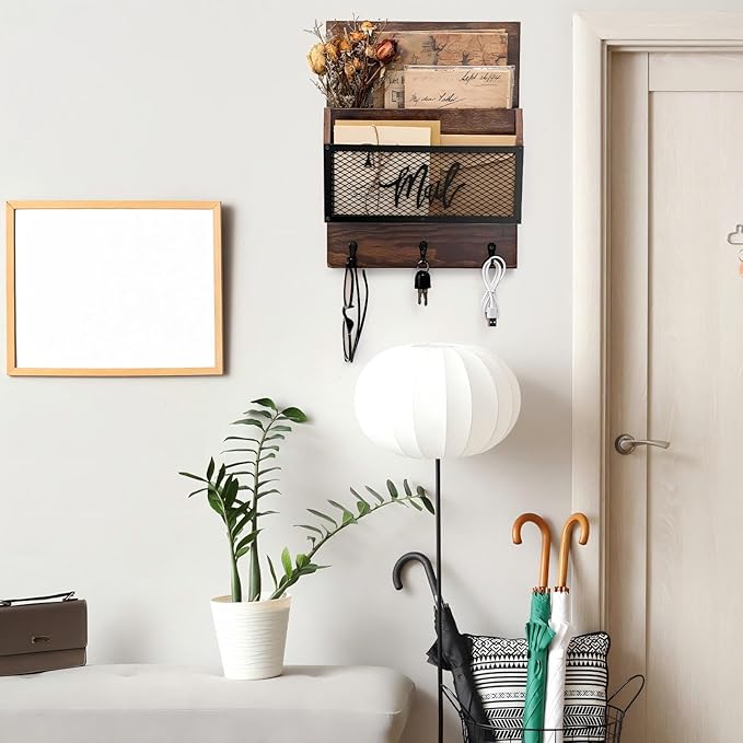 Farmhouse Mail Organizer Wall Mounted Rustic Mail Holder Hanging Key Sorter with 3 Hooks Indoor Wooden Wall Mounted, Letter, Magazines, Newspapers, Keys(Classics,Brown)