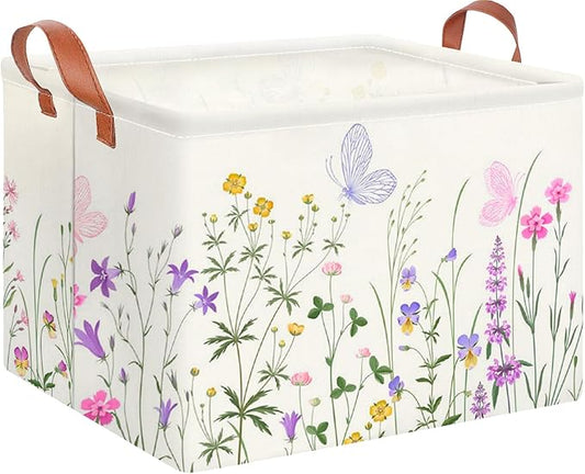 CLOCOR Rectangular Storage Basket Empty,Gift Basket,Waterproof Storage Bin with Handles,Room Decor(Flower)