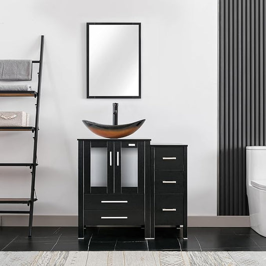 eclife 36" Modern Bathroom Vanity Sink Combo Freestanding Cabinet with Small Side Cabinet, Brown Boat Glass Vessel Sink, Water Save Faucet, Drain (Black+A29BR)