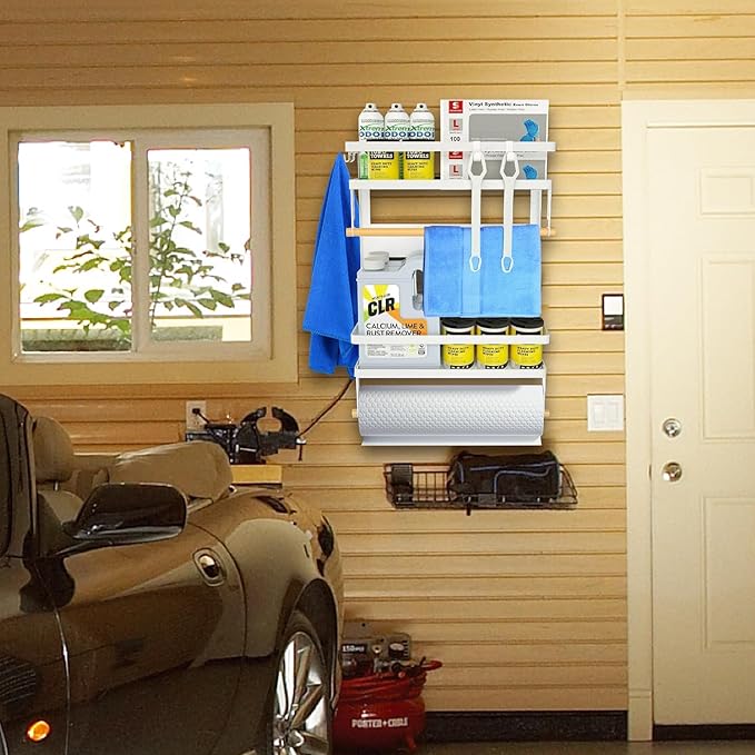 Garage Magnetic Rack Foldable, 2-in-1 Paper Towel Holder with Shelf, Garage Storage Organization, Heavy Duty Paper Towel Holder with 5 Removable Hooks for Tool Shed, Garage, Workbench, Kitchen