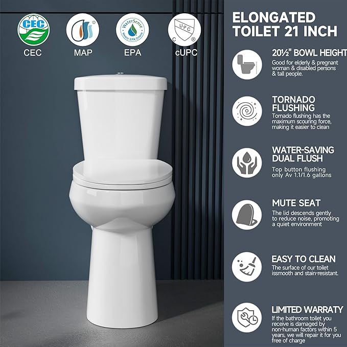 Elongated Extra Tall Toilet 21 Inch for Seniors 1.1/1.6 GPF Tornado Dual Flush - Two Piece Comfort High Toilet for Bathroom, 20.5 Inch Bowl Height, 21.25 Inch Seat Height, 12" Rough In, White