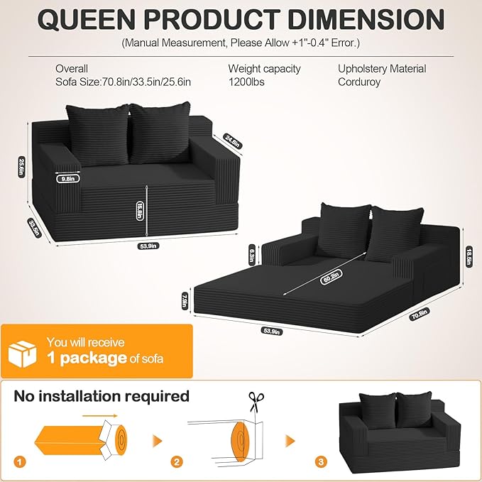 Loveseat Boneless Convertible Sofa Bed, Folding Floor Futon Sleeper Sofa Couch Bed- Boneless Foldable Couch, Corduroy Pull Out Sofa Bed with 2 Pillows for Living Room & Bedroom