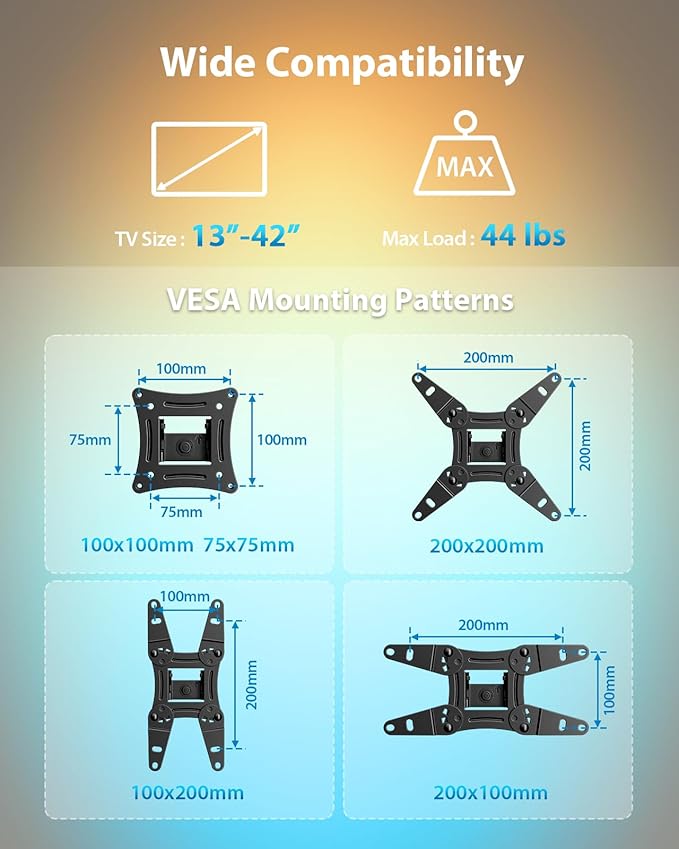 Pipishell Full Motion TV Wall Mount with LED Light for Echo Show 21/15 and 13″–42″ TVs up to 44 lbs, Max VESA 200 x 200mm, Backlit TV Mount with Music Sync, Rotation Swivel Extension Tilt, PISF06B