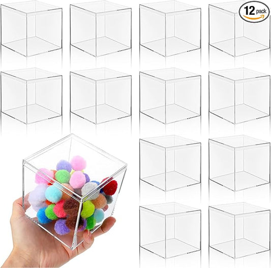 12 Pcs Clear Acrylic Box with Lid, 4 x 4 Inch Square Decorative Storage Container for Candy, Little Trinkets, and Jewelry Display
