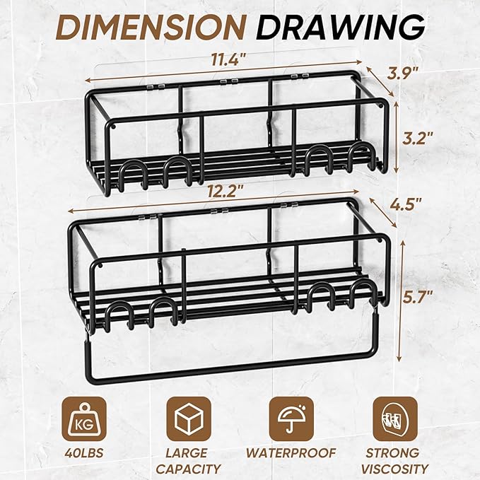 Adhesive Shower Caddy, Shower Shelves with Rustproof Coated, Wall Mounted Bathroom Organizer, Sleek Bathroom Organizers and Storage, No-Drilling (Black, 2 Pack)