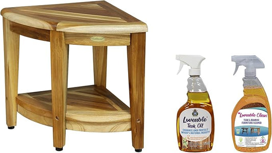 EcoDecors Fully Assembled SnazzyCorner® 18" Teak Shower Bench, Corner Shower Stool, w Shelf, Plus Loveable Teak Oil Spray Bottle 24 oz, Loveable Teak Cleaner 32 oz, Space Saver, Corner Bench