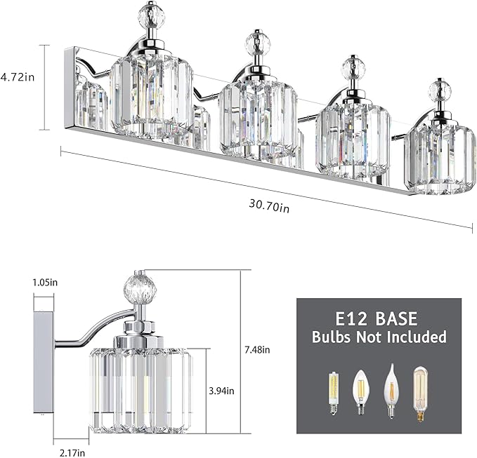 4-Light Bathroom Vanity Light - Crystal Bathroom Lighting Fixtures Over Mirror with 60w(Max) E12 Base, 56pcs Crystal Sheet, Chrome Vanity Lights for Bath Room