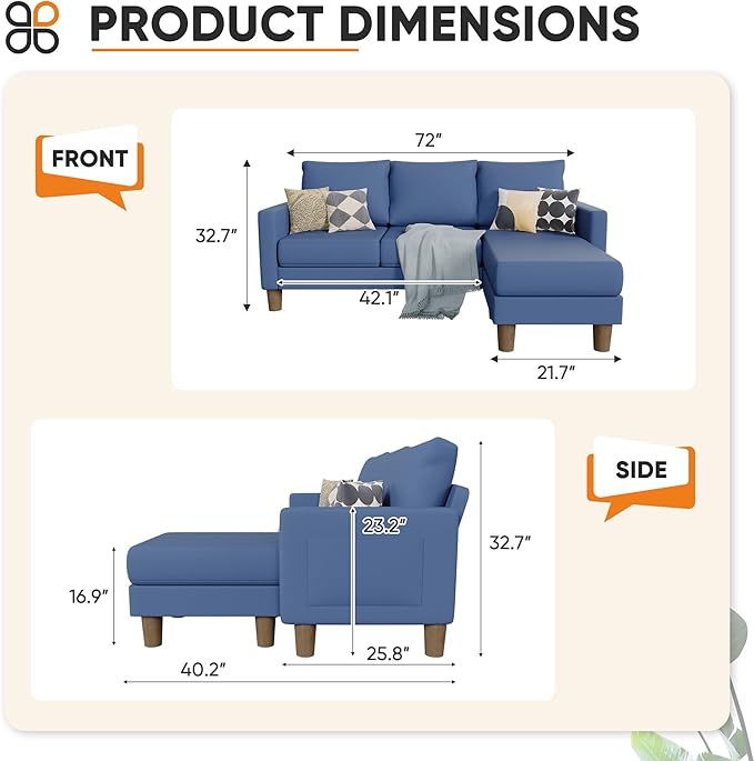 JUMMICO L Shape Sectional Sofa Couch, 3 Seat Convertible Sofa with Movable Ottoman and Side Storage Pockage, Modern Sofa Small Couches for Living Room & Apartment and Small Space (Linen, Blue)