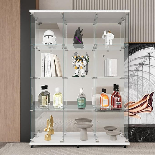 LFT HUIMEI2Y Glass Display Cabinet 12 Shelves with 3 Columns 2 Doors, Mirror Back Panel and Lock, Curio Cabinets Quick-Install Style Tempered Glass Bookshelf for Living Room, Kitchen White