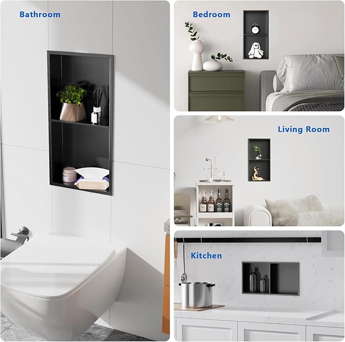QAOYEDE Shower Niche Insert 24"x12", Stainless Steel 2 Layer Niche for Shower Wall No Tile Needed, Recessed Showers Shelf for Bathroom Storage, Dark Grey Black