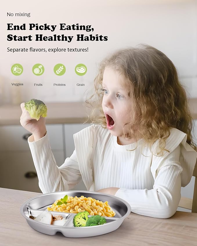 Stainless Steel Kids Plates 4 Packs, Deepened 9" Portion Control Plate Divided Plate for Toddlers Adults Family Bariatric Weight Loss & Diabetic Diet, Non Toxic Unbreakable Dinner Dishes